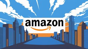 An illustration of the Amazon logo in the center. The background is a dynamic scene of a modern city with tall skyscrapers, blue sky, and fluffy white clouds. The horizon line is visible, with the city's skyline. The Amazon logo is in the foreground, on a thin, white rectangular background.