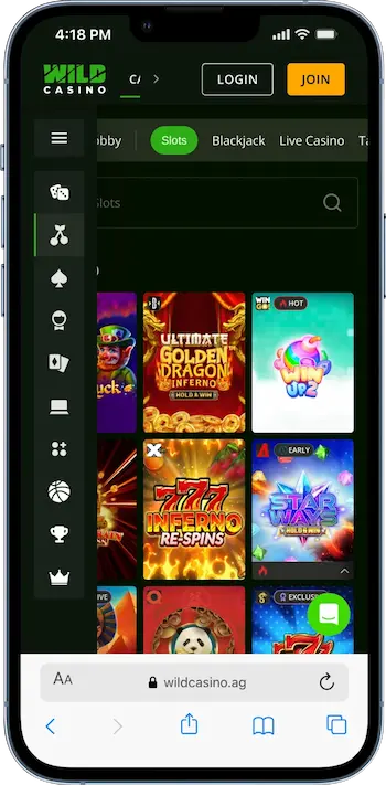 wild casino mobile view