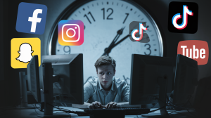 A dramatic cinematic shot of a teenager sitting at a desk with multiple screens. The teenager is looking intently at one of the screens. The background contains the logos of Facebook, Instagram, Snapchat, TikTok, and YouTube. There is a large clock with a second hand ticking away in the background. The room is dimly lit.