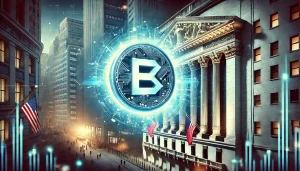 Digital illustration of the Solana cryptocurrency logo transforming into an ETF symbol, set against the backdrop of the New York Stock Exchange building.