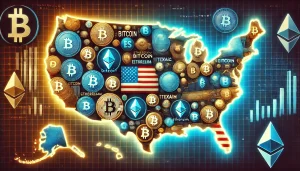 A stylized map of the United States filled with cryptocurrency symbols, highlighting the nation's shift towards crypto-friendly regulations and becoming a stronghold for the industry.