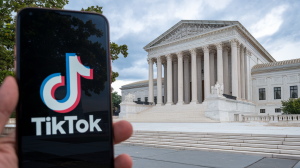 A TikTok logo is seen on a smartphone screen outside of the US Supreme Court. The building is made of white marble and has multiple columns. There are trees and a sidewalk near the building. The sky is cloudy.