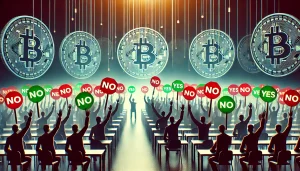 A conceptual image of a business auditorium filled with silhouettes of raised arms holding voting cards—almost all cards are colored red for “no,” dwarfing a few solitary green cards for “yes.” In the background, stylized digital coin shapes fade into the distance, suggesting rejected Bitcoin adoption.