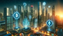 A futuristic cityscape with digital assets and cryptocurrency symbols like Bitcoin, Ethereum, and the Crypto.com logo hovering in the sky, symbolizing the evolving nature of the digital finance ecosystem.