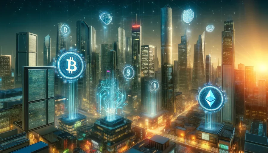 A futuristic cityscape with digital assets and cryptocurrency symbols like Bitcoin, Ethereum, and the Crypto.com logo hovering in the sky, symbolizing the evolving nature of the digital finance ecosystem.