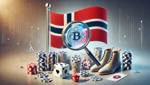 Cetailed illustration of Norway's flag prominently displayed, with a magnifying glass hovering over icons representing cryptocurrency (like digital coins), gambling (such as poker chips or dice), and shoemaking (a shoe or shoe factory).