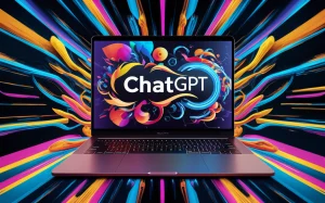 A vibrant and energetic digital illustration of ChatGPT on a sleek MacBook Pro with a multicolored keyboard. The laptop's screen showcases a variety of stimulating and abstract designs, reflecting the vast creative potential of ChatGPT. The background is a blend of bright, eye-catching colors that create a sense of excitement and innovation, symbolizing the unlimited possibilities that ChatGPT can offer., vibrant