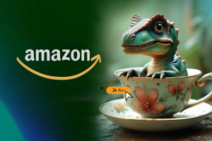 Amazon unveils Nova AI models and its new Amazon Q assistant, rivaling OpenAI and Meta. AI image showing dinosaur sitting in a teacup with Amazon logo next to it, showcasing its new AI model capabilities