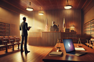 Apple faces billion-dollar lawsuit over allegedly failing to block iCloud child abuse. A courtroom scene with a modern, minimalist aesthetic. In the center, a large wooden judge’s bench rises up, lit by soft overhead lighting. To one side, a lawyer in a suit stands with papers in hand, addressing the judge. The other side features a table with a sleek, silver laptop open, subtly displaying the Apple logo. In the background, the courtroom walls are lined with bookshelves and an American flag behind the judge. The colors are warm and professional, conveying a serious but modern atmosphere. Photorealistic, highly detailed, cinematic lighting.