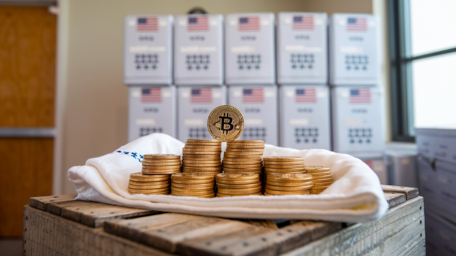 A photo of a stack of Bitcoin cryptocurrency coins with the US election voting boxes in the background. The Bitcoin coins are wrapped in a white cloth and placed on a wooden crate. The voting boxes are stacked neatly against a wall. The background is a room with a wooden door and a window.