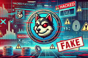 Cardano Foundation’s X account hacked as fraudulent ADAsol token loses 99% in value. Digital illustration showcasing a hacked X account promoting a fraudulent cryptocurrency token featuring a dog face logo, surrounded by warning signs, glitch effects, and security alerts. A bold 'FAKE' stamp emphasizes the scam nature of the promotion.