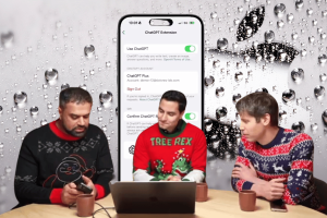 ChatGPT powers Apple Intelligence in Siri with advanced AI in iOS 18.2 update. Three people including OpenAI CEO Sam Altman in festive holiday sweaters demonstrate ChatGPT integration with Siri on an iPhone, showcasing advanced AI features in iOS 18.2.