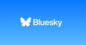 Blue background with 'Bluesky' written in white, with a white butterfly next to it on the left-hand side.