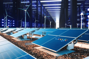 Google invests in renewable energy in a bid to power AI data centers sustainably. Solar panels and wind turbines outside a Google data center, symbolizing the company’s investment in renewable energy for sustainable AI operations.