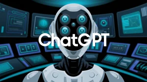 An illustration of the ChatGPT logo on a dynamic background of a robot's head with multiple eyes. The robot's head is rotating. The background is a futuristic control room with multiple screens displaying various data.