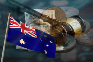 Kraken fined $5.1M in Australia for breaching crypto credit rules. Australian flag with a gavel, cryptocurrency coins, and dollar bills symbolizing legal and financial implications in the crypto sector.