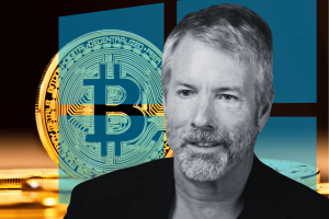 MicroStrategy chairman Michael Saylor urges Microsoft to embrace Bitcoin, predicting $5T boost. Michael Saylor, chairman of MicroStrategy, with a Bitcoin symbol in the background, urging Microsoft to embrace cryptocurrency for market growth.