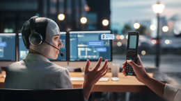 A cinematic shot of a person talking to a chatbot on the other end of a flip phone. The chatbot is a human with a headset, sitting in a modern office setting with multiple computer screens. The person on the flip phone is outdoors, standing near a streetlight. The background is blurred, with a cityscape visible in the distance.