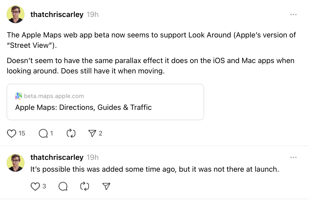 Screenshot of Chris Carley on Threads sharing that Apple Maps on web now supports Look Around feature.