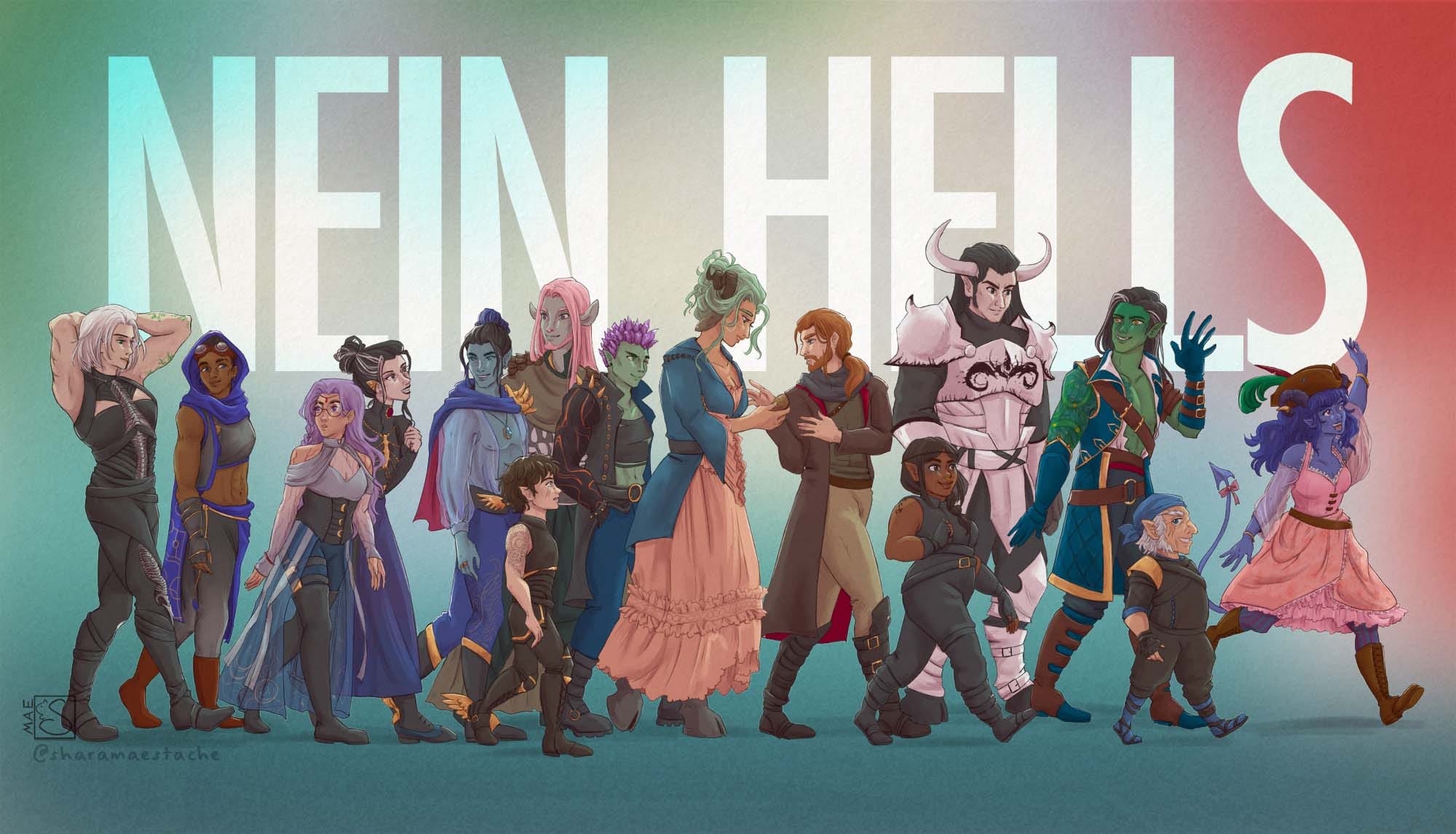 Art work of the Nein Hells characters in Critical Role.