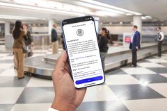 Suitcase carousel in the background, someone holding up a phone with United app open on it - logging a lost baggage form.