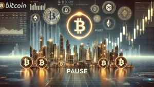 An abstract representation of the Bitcoin investment landscape, featuring a futuristic skyline made of glowing Bitcoin symbols and altcoin logos. A 'pause' button motif hovers over the scene, symbolizing the blackout period. The background includes a subtle nod to financial charts and data streams, reflecting a corporate and trading vibe, with no specific individuals depicted.