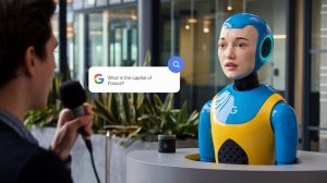 A cinematic shot of a user using Google search with a new voice feature. The user is speaking the search query "What is the capital of France?" into a microphone. A Google assistant is shown with a blue and yellow robot body and a human head. The assistant is standing on a podium. The background contains a modern office with plants and glass walls.