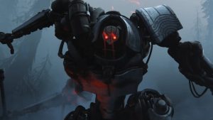 a humanoid mech with big shoulders and glowing red eyes