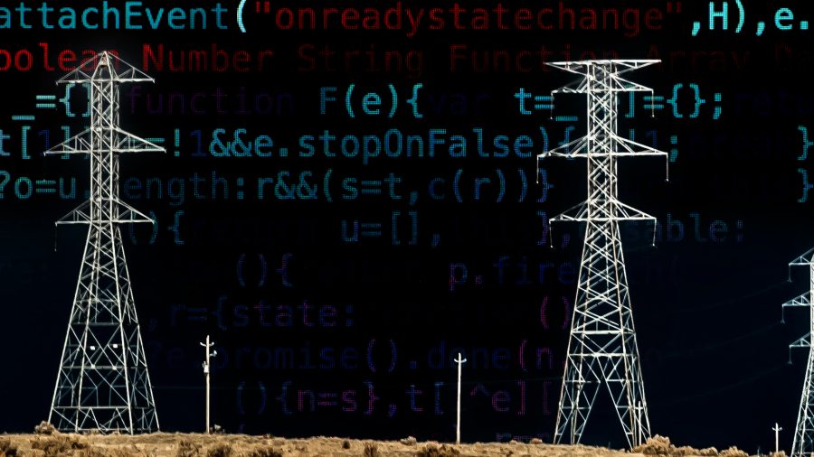 energy grid represented by stock image of pylons with code in clouds