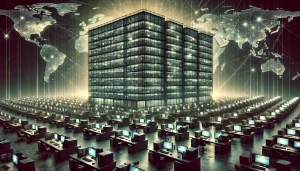 An artistic representation of a large, dimly lit seven-story building, resembling a corporate headquarters, but with a hidden criminal atmosphere. The scene includes hundreds of empty computer desks with monitors glowing faintly, stacks of confiscated SIM cards, and smartphones scattered across the desks. A faint overlay of world maps and digital connections in the background symbolizes international cybercrime.