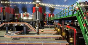 Christmas themed conveyor belts in Satisfactory.