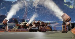 A Christmas themed truck and snow dispensers in Satisfactory.