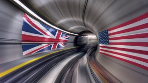 hyperloop represented by a tunnel and two flags of the uk and us