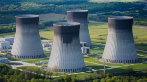 A photo of a nuclear energy plant with multiple towers. The towers have dark gray concrete exteriors and are surrounded by a green field. The towers have vents at the top and are equipped with safety barriers. The background contains trees and a road.