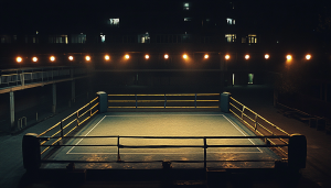 AI image of a boxing ring under the lights / Mike Tyson sued for breaking contract over Jake Paul megafight