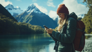 AI depiction of a mobile phone user in New Zealand / One NZ confirms nationwide text coverage service provided by Starlink.