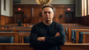 Elon Musk AI-generated stood with his arms crossed in a court room.