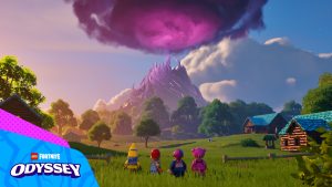 Four LEGO Fortnite Characters look up at a huge Storm Dungeon in LEGO Fortnite.