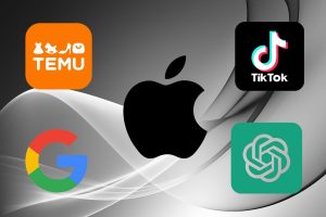 an abstract white background with the Apple logo in the centre surrounded by the Temu, TikTok, Google, and OpenAI logos