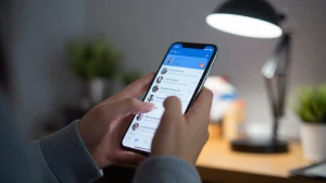 A photo of someone using the Telegram app on their phone. Their hands are holding the phone and are partially visible. The person is scrolling through a chat. The background is blurred and contains a desk with a lamp and a plant.