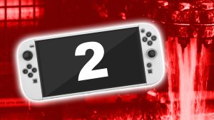 switch 2 on top of red background with a leak underneath