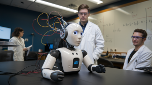 A photo of an AI chatbot with wires coming out of it as it's being used in an experiment. The chatbot has a human-like face and is sitting on a table. There are wires connected to the chatbot's head. A scientist is standing behind the chatbot, observing the experiment. The room has a few other scientists and a whiteboard with equations.