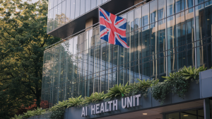 A photo of an AI health unit building in London, with a British flag flying high. The building has a modern architecture with a glass exterior. There are also green plants around the building. The background contains trees.