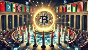 A symbolic representation of Bitcoin adoption by nation-states and central banks. The image features a glowing digital Bitcoin coin at the center, surrounded by various national flags, including those of major economic powers and emerging markets. Emblems of central banks and government institutions are integrated subtly into the background. The scene combines elements of both traditional finance—such as classical bank columns—and modern digital networks, emphasizing the shift toward cryptocurrency in global finance. The atmosphere is serious and strategic, reflecting high-level geopolitical and financial decision-making.