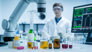 A laboratory setting with various medicine drugs. There is a robotic arm with a camera at the top. In the background, there is a scientist wearing a lab coat and goggles. There is a computer monitor with a green and white interface displaying data.