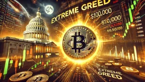 The image depicts a dramatic scene of Bitcoin (BTC) reaching $100,000, with a golden Bitcoin coin prominently displayed in the center, surrounded by a glowing six-figure price chart. In the background, the U.S. Capitol is subtly visible, symbolizing the certification of election results, while fluctuating price lines and data fill the edges of the image. A bold 'Extreme Greed' indicator is shown in a corner, reflecting the crypto market sentiment.