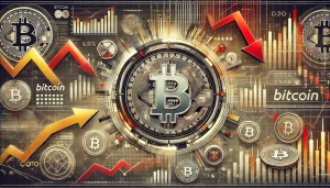 An abstract digital representation of fluctuating cryptocurrency markets, featuring a large Bitcoin symbol at the center, surrounded by various financial indicators such as charts, downward arrows, and neutral-colored market sentiment gauges. The background should convey a mix of uncertainty and tension, using shades of gray, red, and yellow to represent fear, greed, and neutral market sentiment. Include subtle elements like data streams and coin icons to evoke a high-tech financial atmosphere.