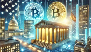 An optimistic, futuristic financial scene featuring a digital cityscape blending traditional bank buildings with glowing cryptocurrency symbols. In the background, a political ambiance is suggested by subtle American flag elements and a government building, symbolizing easing crypto-bank relations. Vibrant tones of blue, silver, and gold emphasize innovation and progress.