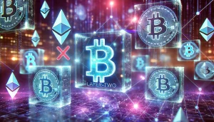 An abstract, futuristic digital scene showcasing a vibrant blockchain network with interconnected nodes glowing in shades of blue and purple. A prominent layer-two symbol subtly integrated into the background. In the foreground, stylized representations of crypto tokens and digital assets in mid-motion, with some appearing frozen or blacklisted, symbolized by a faint red 