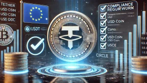 A digital illustration depicting the impact of Crypto.com’s delisting of USDT and other stablecoins in the European Union. The image features a futuristic cryptocurrency trading interface with the Tether (USDT) logo fading or being removed, while Circle’s USD Coin (USDC) remains prominently displayed. A European Union regulatory symbol, such as the EU flag or a compliance checklist, hovers in the background, signifying the MiCA regulatory framework. The visual should convey a sense of transition and regulatory enforcement in the crypto space.